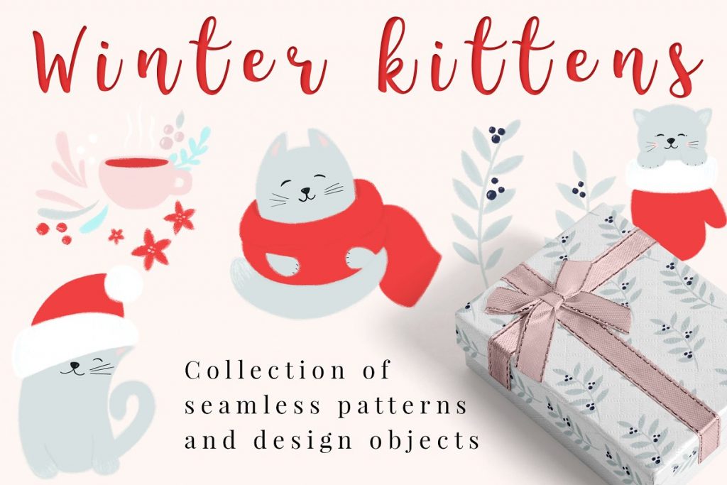 winter kittens seamless patterns Creative Market