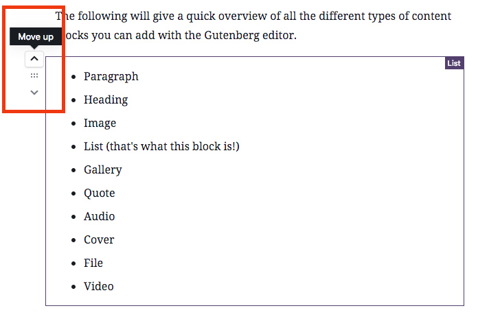 how to move content blocks up or down wordpress 5.0