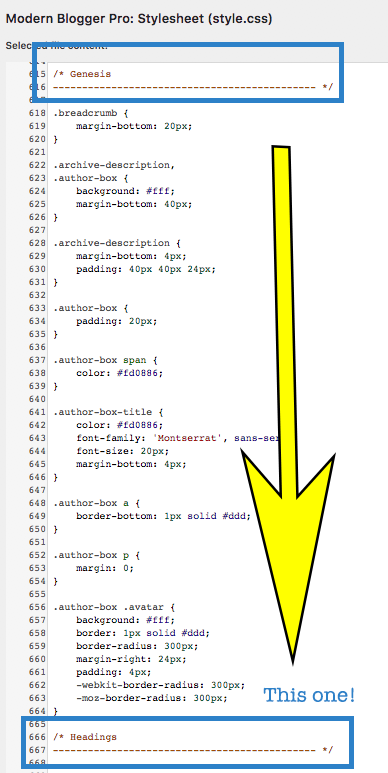 find headings in style.css wordpress editor