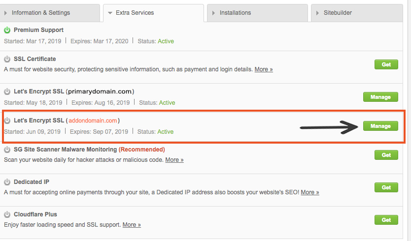 Let's encrypt SSL addon domain Siteground 